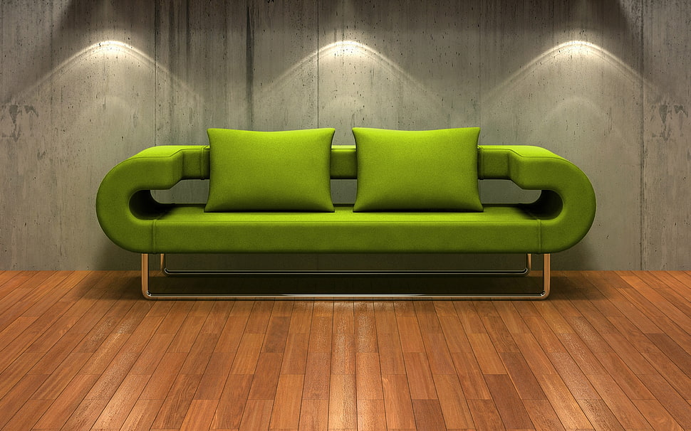 green fabric sofa with two throw pillows on brown wooden floor illustration HD wallpaper